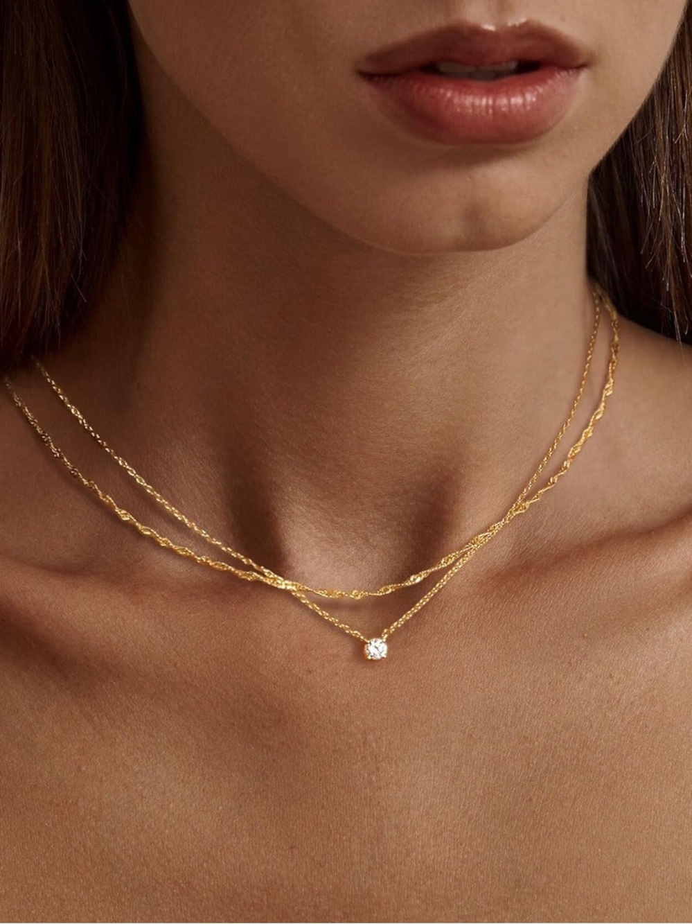 Dainty 14K Gold Plated Layered CZ Pendant Necklace